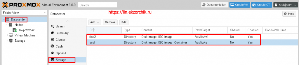 После чего новый диск подключен как хранилище Storage: Type: Directory
