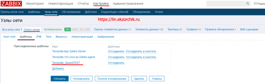 Привязанные шаблоны к хосту Zabbix Server