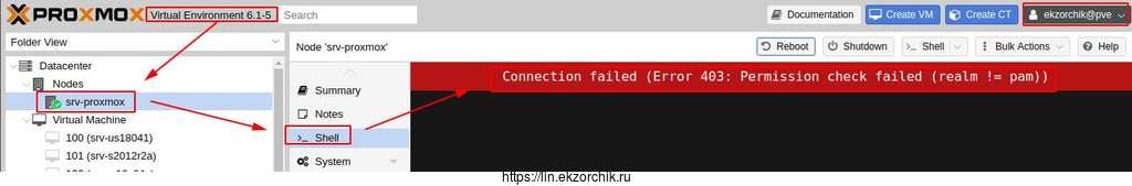 Из под ekzorchik@pve нет доступ к консоли сервера - это правильно.