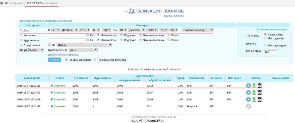 После всех действий, звонки фиксируются в Web-интерфейсе
