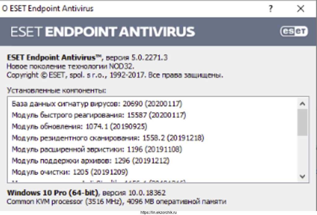 Информация об установленном антивирусе следующая: