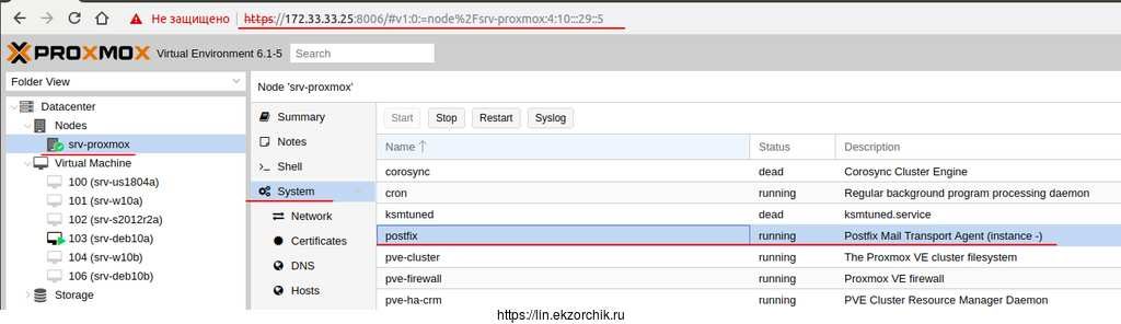 Proxmox 6 говорит, что сервис postfix работает (запущен)