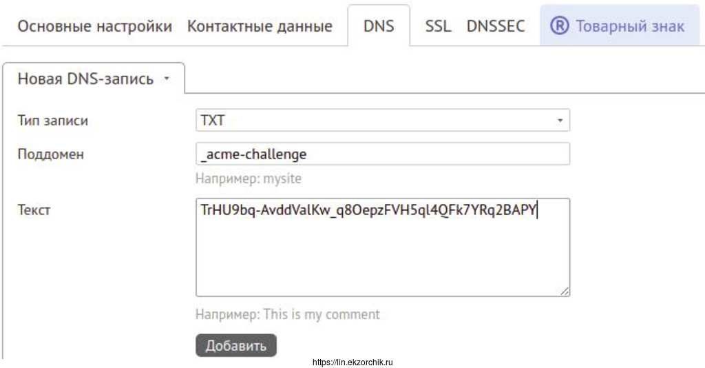 Создаю TXT запись для Lets Encrypted