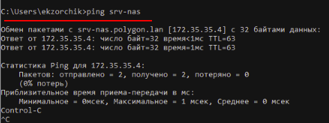 Инициирую обращение к узлу srv-nas по DNS-имени