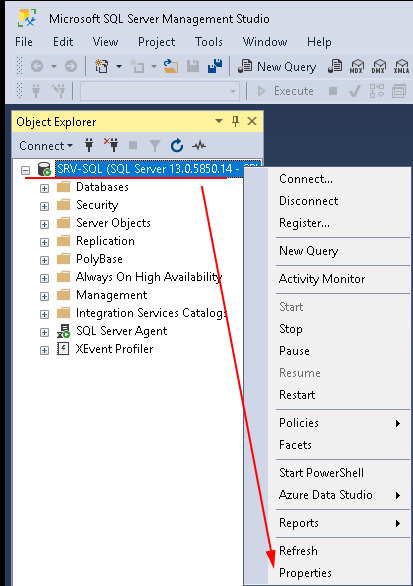 Открываю свойства сервера через SQL Management Studio
