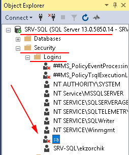 При Windows аутентификации а после включенной SQL учетная запись sa выключена