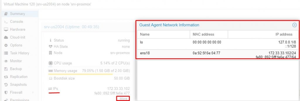 Информация по IP-адресам интерфейсов внутри VM