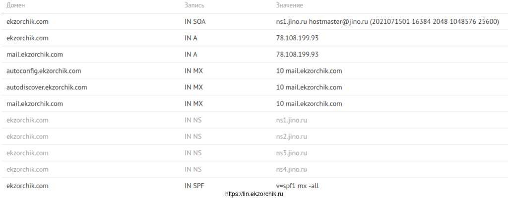DNS записи на хостере для домена @ekzorchik.com