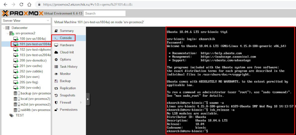 Меню ">_ Console" успешно открывается при использовании обратного прокси на nginx