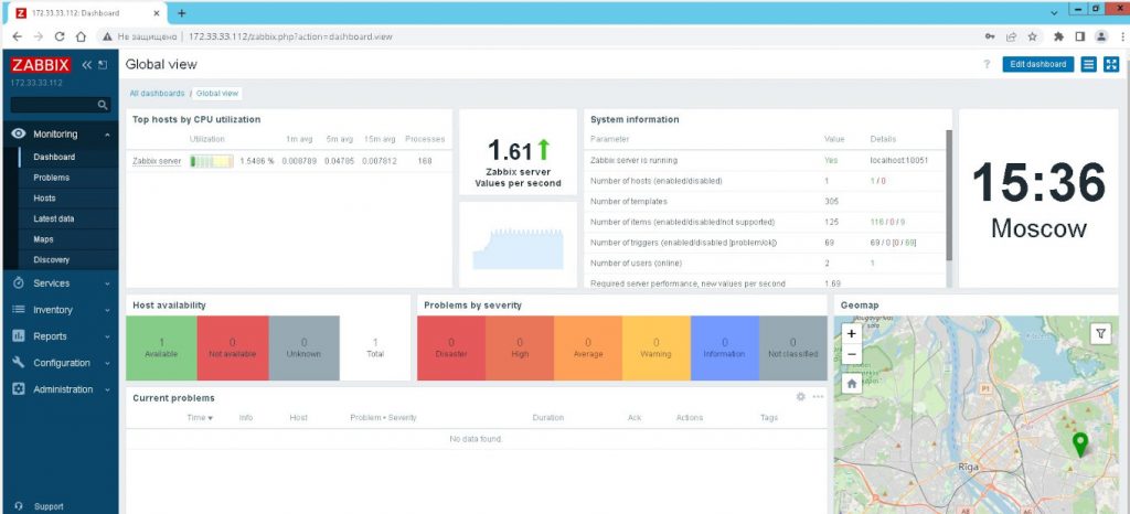 Вход в установленный Zabbix 6.2 успешно выполнен