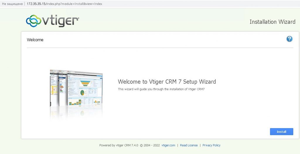 Запускается мастер инсталляции vTigerCRM