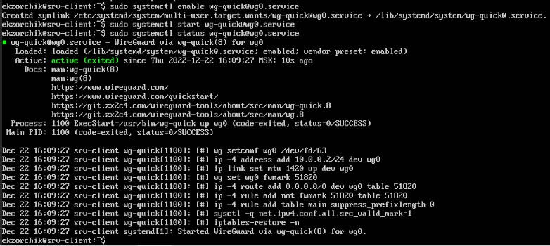 Включаю интерфейс wg0 на srv-client и проверяю, что после перезагрузки сервис работает