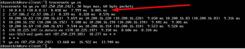 Выход в интернет с srv-client идет через VPS