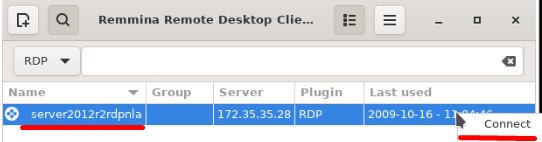 Инициирую подключение через созданное соединение к Windows Server 2012 R2 RDP + NLA