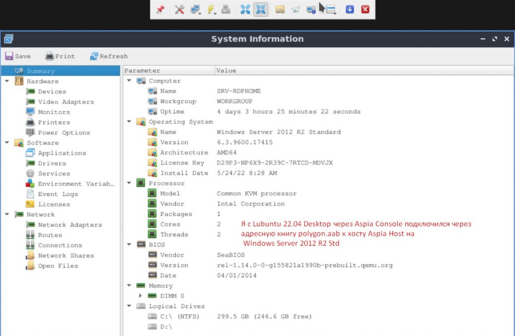 Успешно подключение к хосту через Aspia Console on Lubuntu 22.04 Desktop