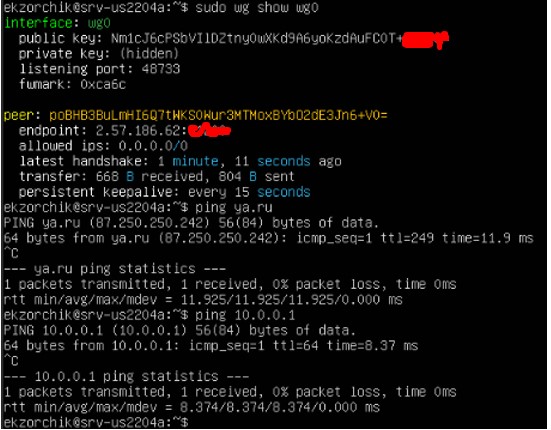 Успешно инициированное подключение к серверу Wireguard