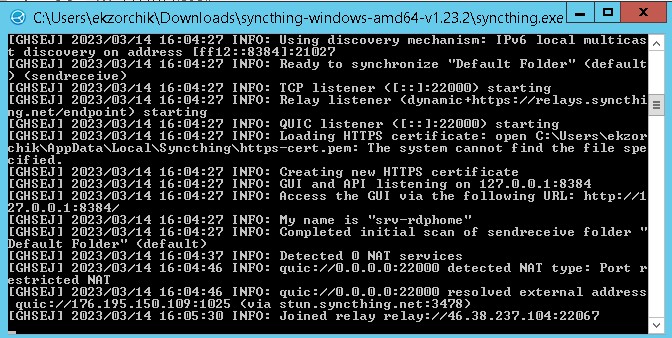 Клиент Syncthing на Windows запущен, консоль командной строки отображает статус работы