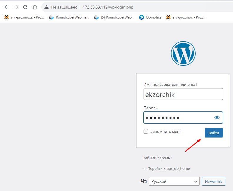 Авторизуюсь в развернутой CMS WordPress