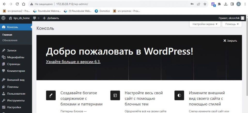Вход в CMS WordPress успешно произведен под Административной учетной записью
