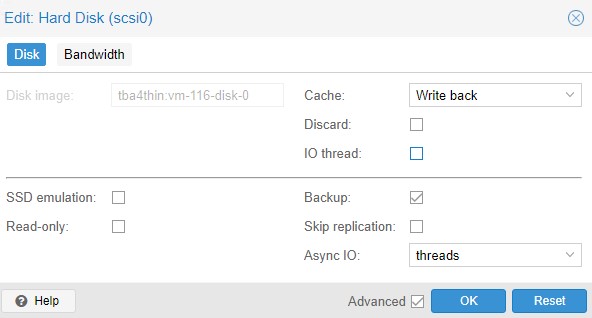 Настройки Disk в свойствах VM на Proxmox