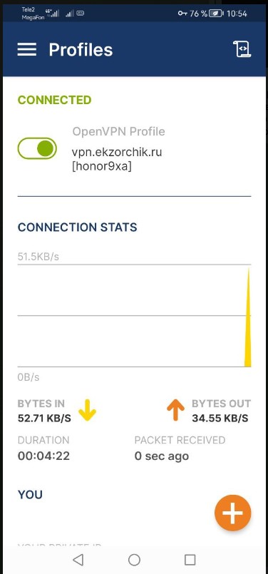 Подключение со смарфтона Honor 9X через OpenVPN успешно установлено и не моргает