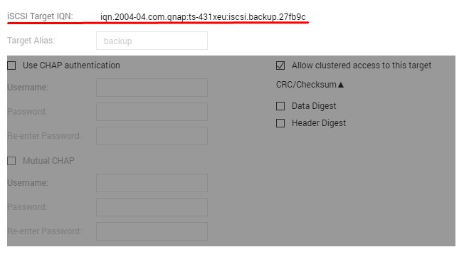 Аутентификацию не использую, т.е. просто iSCSI Target IQN: iqn.2004-04.com.qnap:ts-431xeu:iscsi.backup.27fb9c