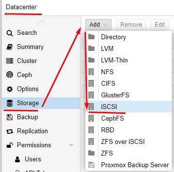 Добавляю Storage в Proxmox 6.4-13 где тип iSCSI