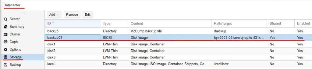 после чего вижу в Storage Disk ID: backup01