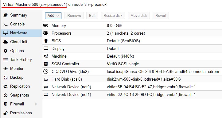 Конфигурация виртуальной машины под pfSense 2.6.0