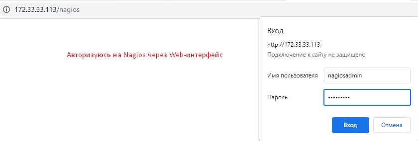 Открываю браузер и обращаюсь к системе, на которой развернут Nagios