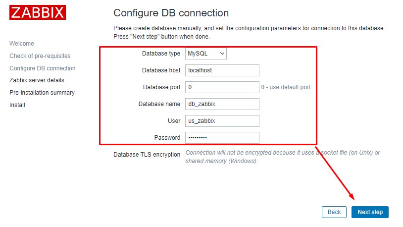 Указываю параметры подключения к MySQL для Zabbix