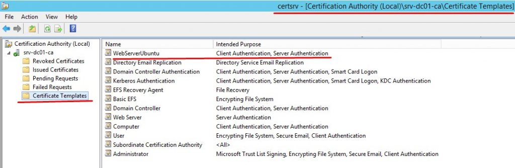 Добавляю созданный шаблон WebServerUbuntu в меню Certificate Template