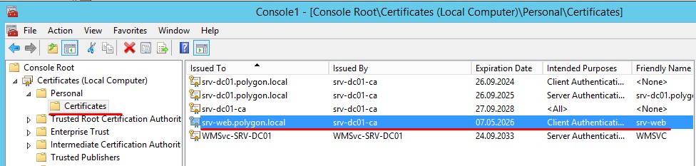 Сертификат для узла srv-web.polygon.local импортирован в Personal и содержит публичный и приватный ключи.