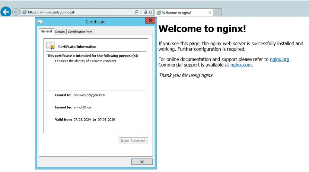 Обращение из домена к узлу https://srv-web.polygon.local посредством браузера IE задействует выданный сертификат.