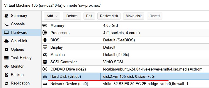 Для контейнера виртуальной машины с осью Ubuntu 24.04 выделено 70Gb.