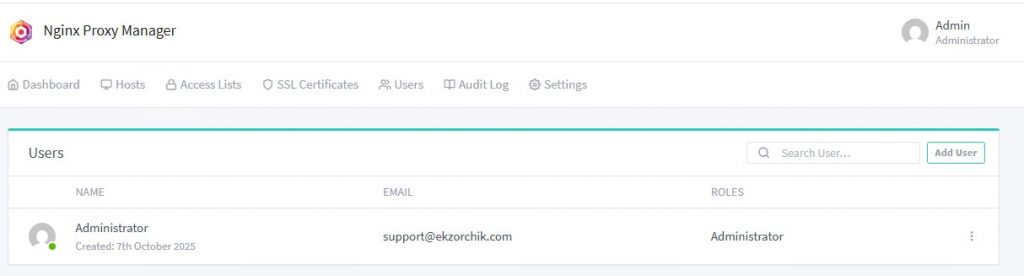 По итогу наблюдаем - Web-интерфейс управления Nginx Proxy Management