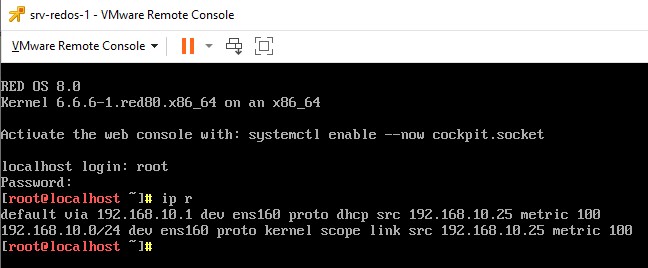 Авторизуюсь в консоли VMware Remote Console виртуальной машины srv-redos-01, узнаю IP-адрес.
