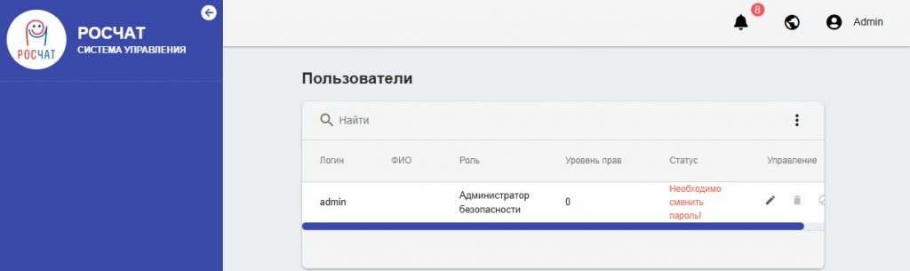После первого входа под Login:admin нужно поменять пароль.