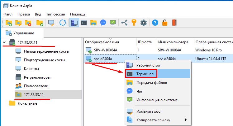 Взаимодействие через "Терминал" с "Клиент Aspia" к Ubuntu 24.04 LTS Desktop