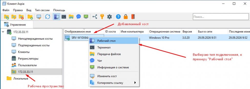 Выполняю подключение в рабочем пространстве в режиме "Рабочий стол" к хосту.