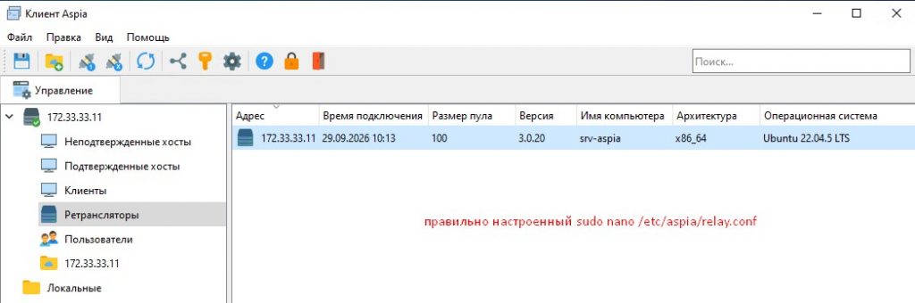 Правильно настроенный relay.conf отображается в "Ретрансляторы".