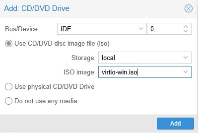 Добавляем в контейнер VM еще один CD/DVD Drive и монтируем в него virtio-win.iso
