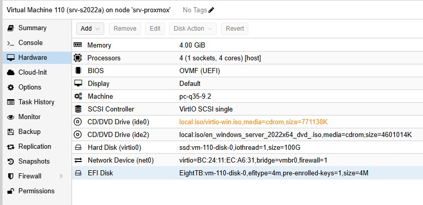 Компоненты виртуального железа для контейнера виртуальной машины под Server 2022