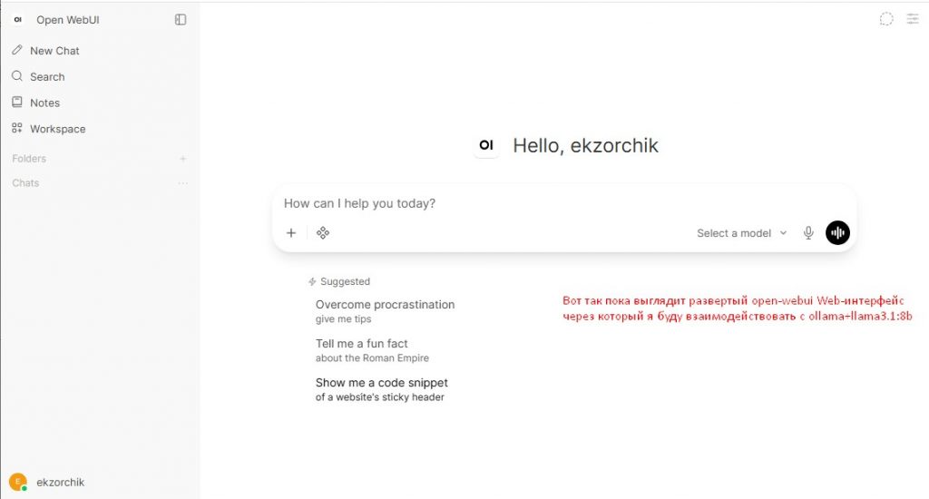 Вот так выглядит развернутый open-webui Web-интерфейс через который я буду взаимодействовать с Ollama